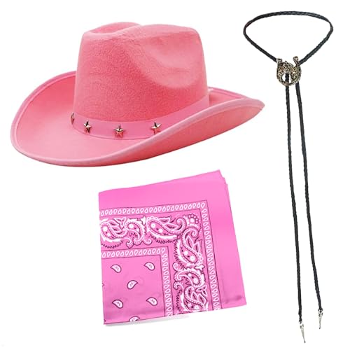 Pinker Cowboyhut mit Nieten und Bandana und Krawatte, rosa Cowboyhut, rosa Bandana und schwarze Stiefelspitze Krawatte mit Pferdemedaillon – perfekt für jede Kostümparty von I LOVE FANCY DRESS