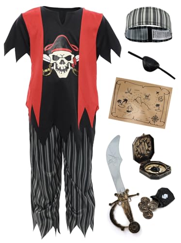 Piratenkostüm für Kinder, Jungen und Mädchen – verkleiden sich Rollenspiel Buch Woche Tag Set Stirnband Bandana Augenklappe Kompass – 3–4 Jahre von I LOVE FANCY DRESS