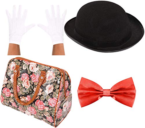 Poppins Zubehör-Set Edwardian NNY Kostüm-Requisiten: Bowler-Hut + weiße Handschuhe + Faux-Leder-Teppichtasche + rote Fliege Größe: 58 cm Hut für Damen von I LOVE FANCY DRESS