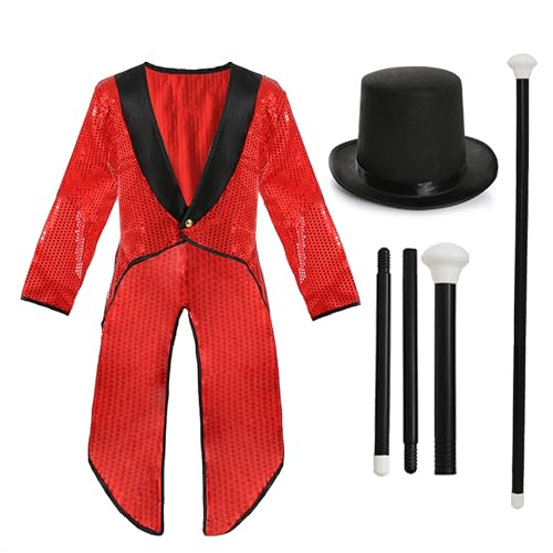 Ringmaster-Kostüm für Erwachsene, Größe M, schwarzer Zylinder, roter Paillettenmantel und ein 3-teiliger Tanzstock – perfekt für Themen-Kostüme von I LOVE FANCY DRESS