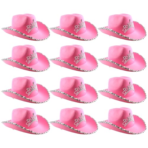 Rosafarbener Cowboyhut für Damen, Kuhhut mit Tiara, Kostüm, Junggesellinnenabschied, Rosa, 12 Stück von I LOVE FANCY DRESS