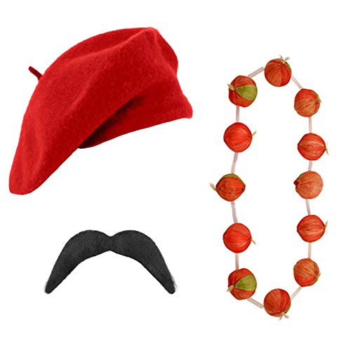 Rote Baskenmütze, rote Zwiebelgirlande und Quastengirlande für französische Baustillentage, Kostüm-Set für Herren und Damen, rote Baskenmütze und rote Zwiebelgirlande) von I LOVE FANCY DRESS