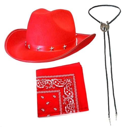 Roter Cowboyhut mit Nieten und Bandana und Krawatte, roter Cowboyhut, rotes Bandana und schwarze Stiefelspitzen-Krawatte mit Pferde-Medaillon – perfekt für jede Kostümparty von I LOVE FANCY DRESS