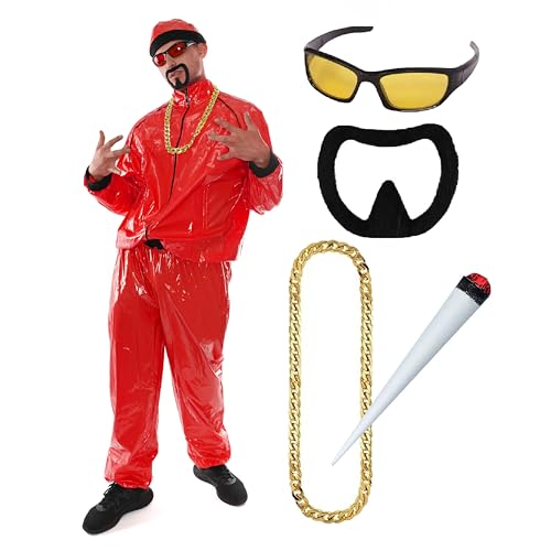 Rotes Rapper-Kostüm, Größe XXL, roter und schwarzer Muschelanzug, passender Hut, Sonnenbrille mit roten Gläsern, Goldkette, gefälschter Spliff und Ziegenbart, lustiges Rapper-Kostüm für Halloween, von I LOVE FANCY DRESS