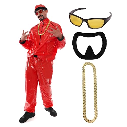 Rotes Rapper-Kostüm, Größe XXL, roter und schwarzer Muschelanzug, passender Hut, Sonnenbrille mit roter Linse, Goldkette und Ziegenbart, lustiges Rapper-Kostüm für Halloween, Junggesellenabschied von I LOVE FANCY DRESS