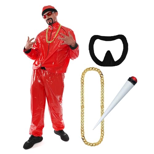 Rotes Rapper-Kostüm – Größe M – roter und schwarzer Muschelanzug, passender Hut, Goldkette, gefälschter Spliff und Ziegenbart – lustiges Rapper-Kostüm für Halloween, Junggesellenabschied von I LOVE FANCY DRESS