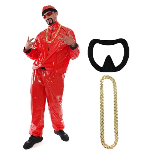 Rotes Rapper-Kostüm – Größe M – roter und schwarzer Muschelanzug, passender Hut, Goldkette und Ziegenbart – lustiges Rapper-Kostüm für Halloween, Junggesellenabschied von I LOVE FANCY DRESS