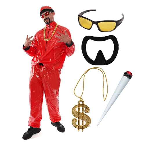 Rotes Rapper-Kostüm – Größe M – roter & schwarzer Muschelanzug, passender Hut, rote Linsen-Sonnenbrille, goldene Dollarkette, gefälschter Spliff und Ziegenbart – lustiges Rapper-Kostüm für Halloween, von I LOVE FANCY DRESS