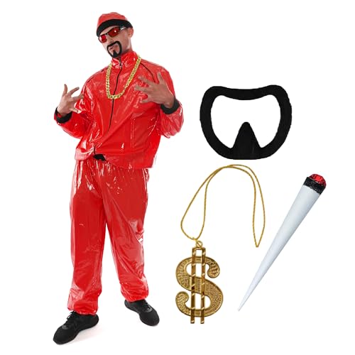 Rotes Rapper-Kostüm – Größe XL – roter und schwarzer Muschelanzug, passender Hut, goldene Dollarkette, gefälschter Spliff und Ziegenbart – lustiges Rapper-Kostüm für Halloween, Junggesellenabschied von I LOVE FANCY DRESS