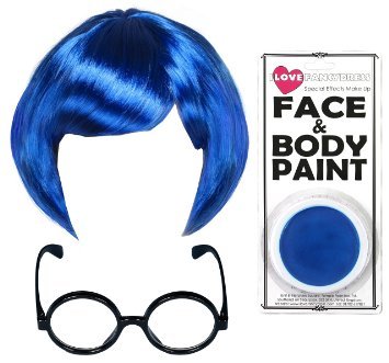 SADNESS EMOTION CHARACTER KOSTÜM - SET BLAUE BOB PERÜCKE + BLAUES MAKE UP + SCHWARZES BRILLENGESTELL MIT PLASTIK LINSEN ANIMATED MOVIE CHARACTER ACCESSORY - SAD EMOTION CHARACTER von I LOVE FANCY DRESS