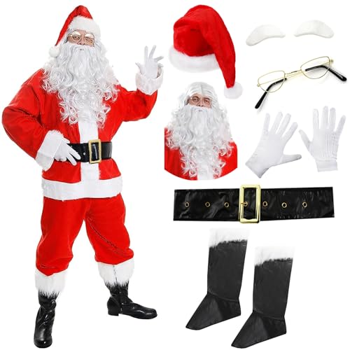 SANTA CLAUS COSTUME - DELUXE 10-STIES VATER WEIHNACHTEN FANCY KLEID COSTUME - ROT SANTA JACKE MIT FAUX FUR FUR FUR TRIMMING, ROTE HOSE, SANTA HÜTE, LADEKANTENCOVER, WEISSER PRAK UND BART (XXXXX-LARGE) von I LOVE FANCY DRESS