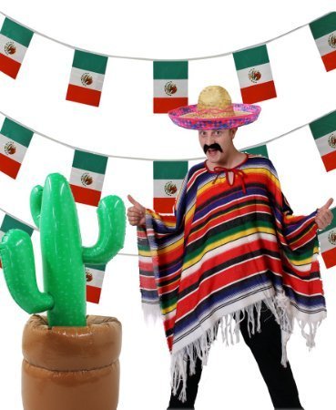 SUPER MEXIKO 5 TEILIGES SET ==BEINHALTET EINEN SOMBRERO IHRER Wahl ERHALTBAR IN 4 VERSCHIEDENEB FARBEN== EINEM MEHRFARBIGEN PONCHO = = EINEN AUFBLASBAREN KAKTUS 96cm GROß DER BODEN KANN MIT SAND ODER WASSER GEFÜLLT WERDEN==EINER 10meter LANGEN MEXIKANISCHEN FLAGGEN GIRLANDE==EINEN AUFKLEBBAREM SCHWARZEN MEXIKANER SCHNURRBART= VON ILOVEFANCYDRESS®==MIT ROSA STICKEREIEN von I LOVE FANCY DRESS