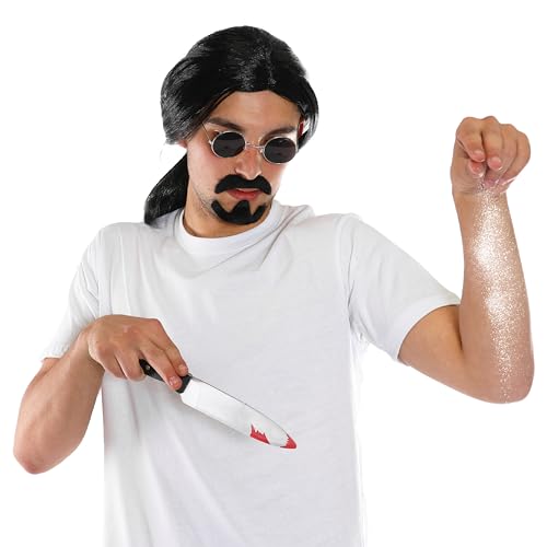 Salt Bae Zubehör-Set – Schwarze Perücke, schwarze Hippie-Brille, selbstklebender Ziegenbart und Kunststoffmesser – perfekt für jede Kostümveranstaltung von I LOVE FANCY DRESS