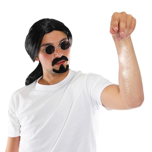 Salt Bae Zubehör-Set – Schwarze Perücke, schwarze Hippie-Brille und selbstklebender Ziegenbart – perfekt für jede Kostümveranstaltung von I LOVE FANCY DRESS