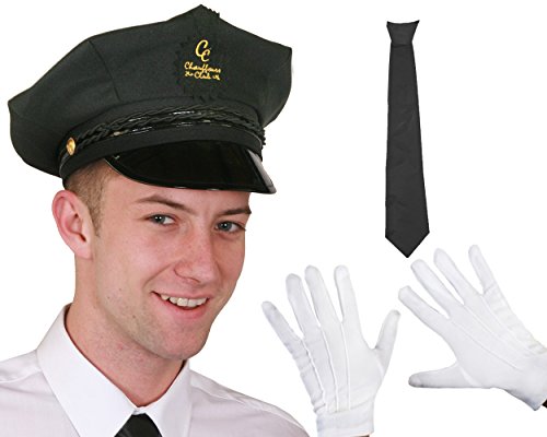 Schwarzer Chauffeur-Hut + schwarze Krawatte und weiße Handschuhe, Kostüm-Accessoire, Promi-Stil, persönlicher Limo-Driver-Valet, professionelles Aussehen, schwarzes Abzeichen, goldene Nähte von I LOVE FANCY DRESS