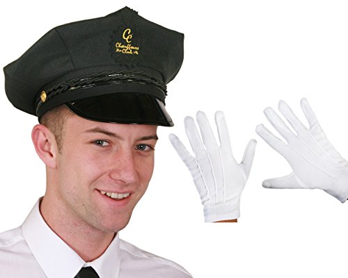 Schwarzer Chauffeurhut und weiße Handschuhe, Kostüm-Accessoire, für Promi-Partys, Limo-Driver, VAlet, professionelles Aussehen, schwarzes Abzeichen, goldfarbene Nähte, Chauffeurs Club von I LOVE FANCY DRESS