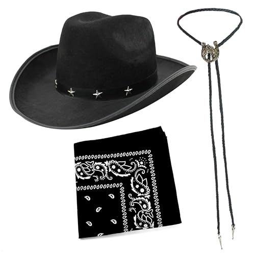 Schwarzer Cowboyhut mit Nieten und Bandana und Krawatte, schwarzer Cowboyhut, schwarzes Bandana und schwarze Bootlace-Krawatte mit Pferde-Medaillon – perfekt für jede Kostümparty von I LOVE FANCY DRESS