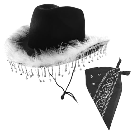 Schwarzer Cowboyhut und Bandana mit Strass-Fransen und Federbesatz und schwarzem Paisleymuster für Erwachsene, Junggesellinnenabschied, Wilder Westen, Kostümzubehör-Set, 24 Stück von I LOVE FANCY DRESS