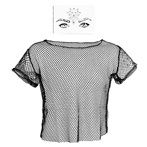 Schwarzes 80er-Jahre-Mesh-Top + silberfarbene Edelsteine – Größe M – Kostümzubehör, 1980er-Jahre-T-Shirt, Fischnetz-Roller, Disco, 80er-Jahre-Clubbing von I LOVE FANCY DRESS