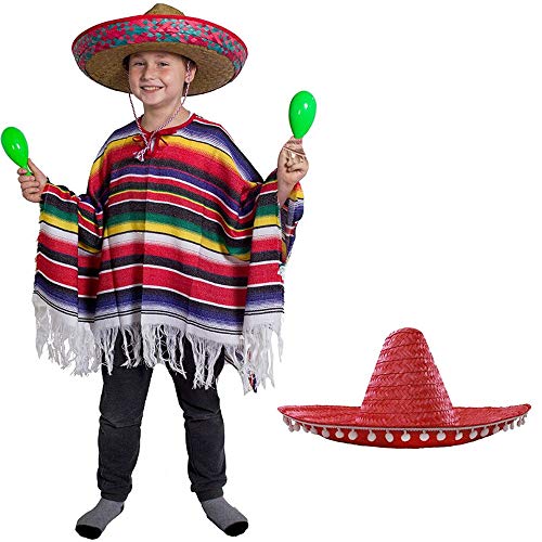 Schwerer mexikanischer Poncho und roter Sombrero für Kinder, mexikanischer Jungen, Poncho + großes rotes Sombrero Wild-West-Bandit für Kinder Schwerer mexikanischer Poncho und roter Sombrero für Kinder, mexikanischer Jungen, Poncho + großes rotes Sombrero Wild-West-Bandit für Kinder von I LOVE FANCY DRESS