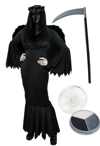 Sensenmann-Kostüm für Damen, Größe XXXL, schwarzes Kleid mit gezackten Kanten, schwarze Federflügel, schwarzer Schleier und Stirnband, Kunststoff-Sense und Gesichtsfarbe, Halloween-Kostüm für Damen, von I LOVE FANCY DRESS