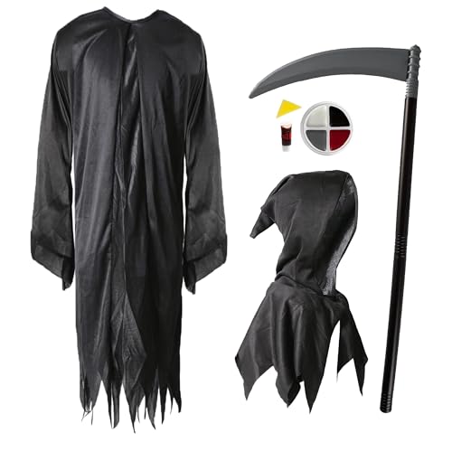 Sensenmann-Kostüm für Kinder, groß, schwarz, zerrissene Robe, Kunststoff-Sense und Gesichtsfarbe – Halloween-Kostüm für Kinder von I LOVE FANCY DRESS