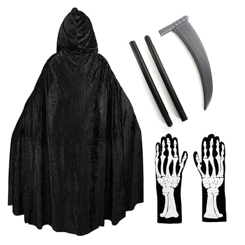 Sensenmann-Zubehör-Set für Erwachsene, schwarzer Velours-Umhang, Skelett-Druck-Handschuhe und 3-teilige Kunststoff-Sense – Erwachsenen-Halloween-Kostüm-Zubehör-Set von I LOVE FANCY DRESS