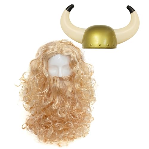 Set mit blondem Perücke und Bart mit goldenem Wikingerhelm, blonde lockige Perücke mit passendem Bart und goldenem Wikingerhelm aus Kunststoff, perfekt für Wikinger-Kostüme von I LOVE FANCY DRESS