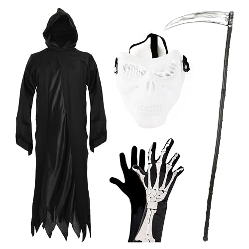 Skelett-Reaper-Kostüm für Erwachsene, Größe M, schwarzer Sensenmantel mit schwarzer Kapuze, Skelettmaske, schwarzen Skelett-Handschuhen und 5-teiliger Deluxe-Sense – perfekt für Halloween-Kostüme von I LOVE FANCY DRESS