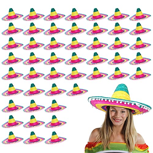 Sombrero-Hüte für Erwachsene, mehrfarbig, mexikanische Sombreros mit weißen Pompon-Details, mexikanischer Cinco de Mayo Fiesta, Kostümzubehör für Herren und Damen, 48 Stück von I LOVE FANCY DRESS