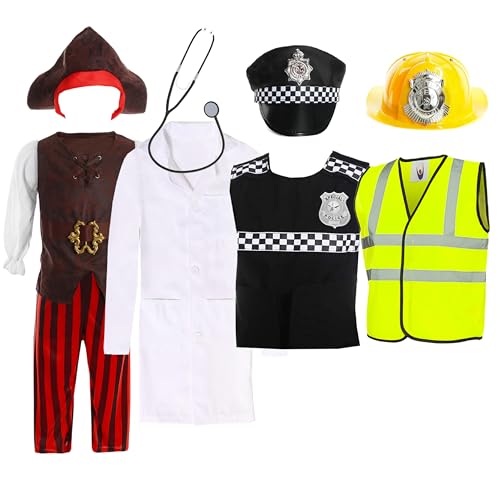 Spielkasten für Kinder, groß, 1 Piratenkostüm, 1 Arztkostüm, 1 Polizeikostüm und 1 Feuerwehrmann-Kostüm, perfekt für jede Kostümveranstaltung von I LOVE FANCY DRESS