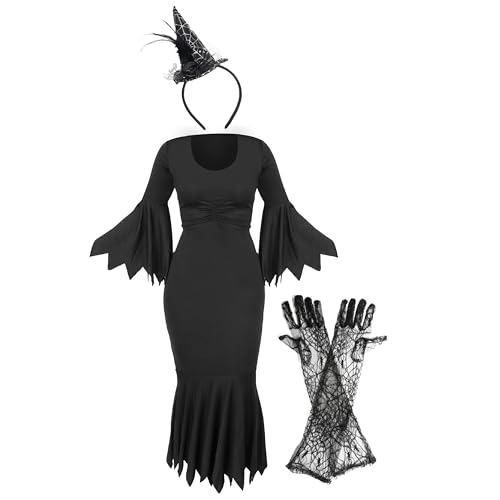 Spinnenhexenkostüm für Damen, Größe M, schwarzes Kleid mit gezackten Kanten, Spinnennetz-Handschuhe, Mini-Hexenhut, Halloween-Kostüm für Damen von I LOVE FANCY DRESS