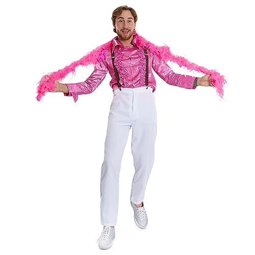 Stilvolles Sänger-Kostüm für Erwachsene – Größe S – rosa Rüschenhemd, weiße Schlaghose, Hot Pink Federboa – Erwachsenen-Sänger-Kostüm Best of British von I LOVE FANCY DRESS