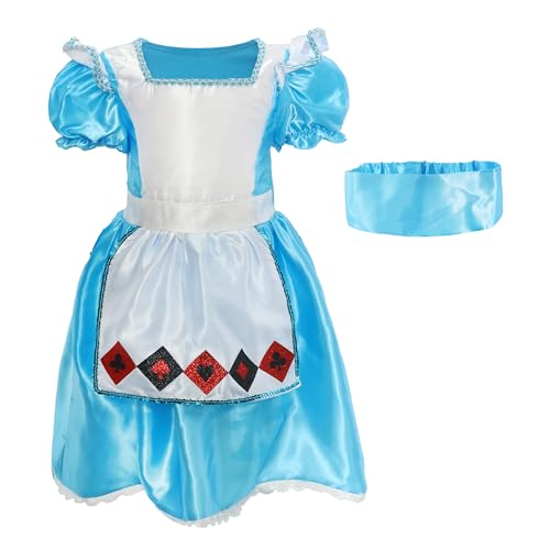 Süßes Mädchen-Kostüm für Kinder, Größe L, blaues Satinkleid mit weißer Schürze und passendem hellblauem Kopfband, perfekt für den Welttag des Buches von I LOVE FANCY DRESS