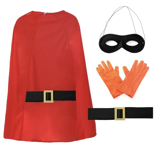 Superkartoffel-Kostüm-Set für Erwachsene – roter Heldenumhang mit einfachem Verschluss, einem schwarzen Gürtel, orangefarbenen Handschuhen und einer schwarzen Superhelden-Maske – perfekt für den von I LOVE FANCY DRESS