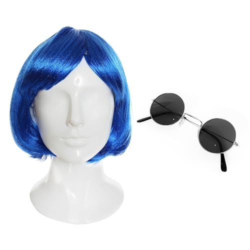 The Secret Door Girl Zubehör-Set – Blaue Bob-Perücke und schwarze runde Brille – perfekt für Charakterverkleidungen und Halloween-Kostüme von I LOVE FANCY DRESS