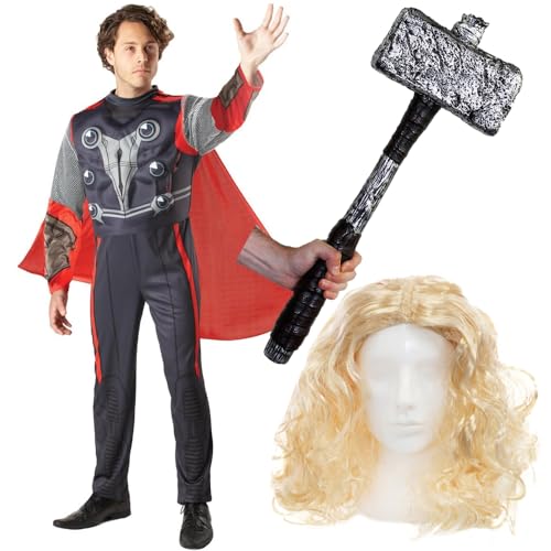 Thor-Kostüm für Erwachsene, Gott des Donners, rotes und marineblaues Kostüm mit rotem Umhang, lange blonde Perücke, Kunststoffhammer, Erwachsenenkostüm für Halloween, TV-Film von I LOVE FANCY DRESS