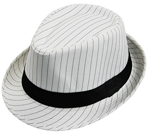 Trilby-Hut mit Nadelstreifen, luxuriöser Hut, Schwarz mit weißen Streifen und weißem Band, Gangster-Stil, Größe 58 cm, in 2 Farben erhältlich von I LOVE FANCY DRESS