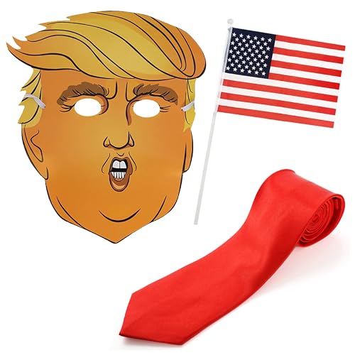 US-Präsidenten-Zubehör-Set, Karikatur-Maske mit Haaren, rote Krawatte, US-Flagge, handwehende Flagge, Erwachsenen-Kostüm-Zubehör-Set von I LOVE FANCY DRESS