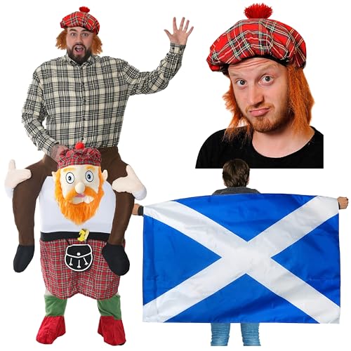 Umhang mit schottischer Flagge, Pick Me Up Kostüm und Tam O' Shanter Hut – Roter Tam O' Shanter Hut, Scotsman Pick Me Up und großer 1,5 m x 0,9 m schottischer Flaggenumhang – perfekt für Burns Night von I LOVE FANCY DRESS