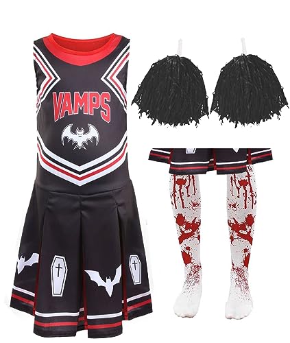 Vampir-Cheerleader-Kostüm für Mädchen, 10/12 Jahre, schwarzes Kleid mit Pompons und Strumpfhosen, Kinder-Kostüm von I LOVE FANCY DRESS