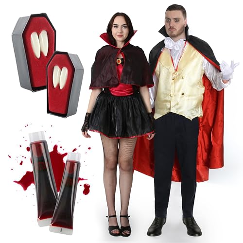 Vampir-Paar-Kostüm für Erwachsene, Herren, M, Damen, XL, Vampirkostüm für Herren, mit Weste und Umhang, Vampirkleid mit Umhang, Zähnen und Kunstblut, Erwachsenenkostüme für Halloween von I LOVE FANCY DRESS