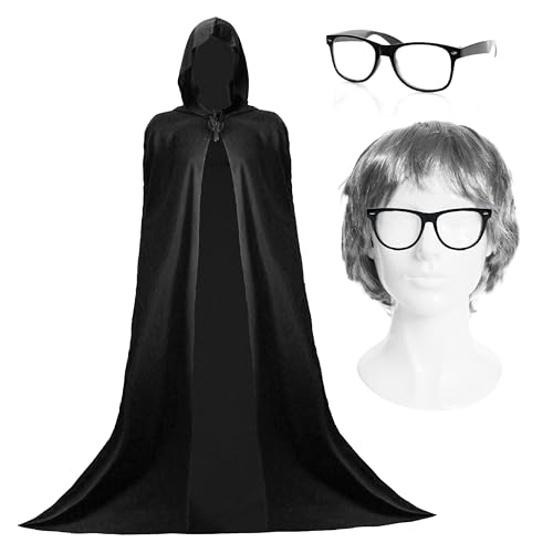 Verräter-Kostüm-Set für Erwachsene – kurze graue Perücke, Brille und langer schwarzer Kapuzenumhang – perfekt für Halloween und Motto-Kostüme von I LOVE FANCY DRESS