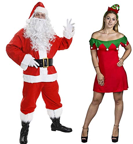 WEIHNACHTSMANN UND ELF KOSTÜM - DELUXE 10 TEILIGES WEIHNACHTSMANN KOSTÜM + FRECHES WEIHNACHTS ELF MINI KLEID MIT EINER KLEINEN ELF MÜTZE AN EINEM HAARREIF VERKAUFT VON -ILOVEFANCYDRESS®- WEIHNACHTLICHES PAARE KOSTÜM IN DER GRÖSSE : SANTA-M-48/50 & ELF- XL - 46/48 von I LOVE FANCY DRESS