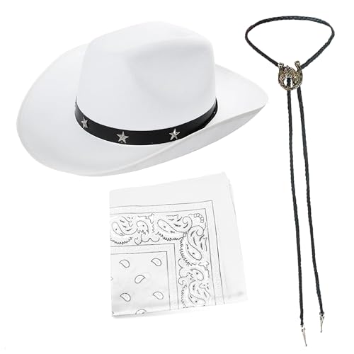 Weißer Cowboyhut mit Nieten und Bandana und Krawatte, weißer Cowboyhut, weißes Bandana und schwarze Stiefelspitzen-Krawatte mit Pferde-Medaillon – perfekt für jede Kostümparty von I LOVE FANCY DRESS