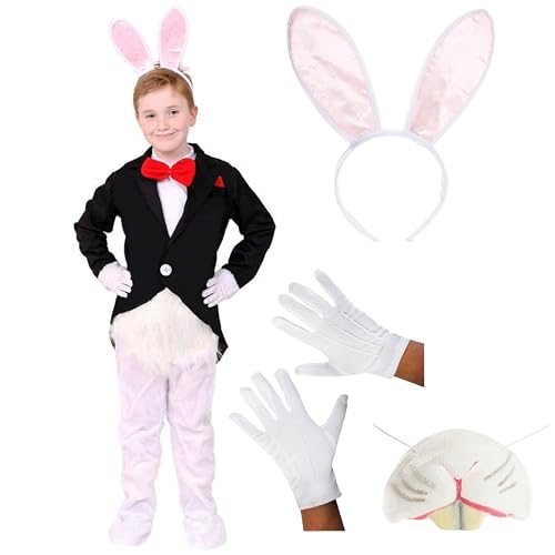 Weißes Kaninchenkostüm für Kinder – Größe M – Kaninchenkostüm mit angenähtem schwarzem Gehrock und Hasenohren – Jungen Mädchen Wunderland Kaninchen Welttag Kostüm von I LOVE FANCY DRESS