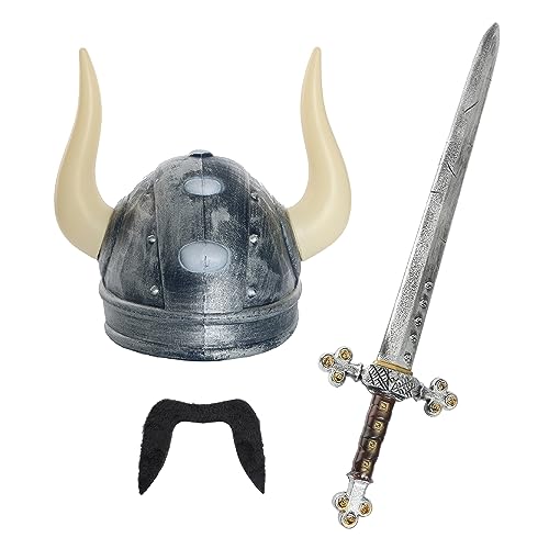 Wikingerzubehör-Set für Erwachsene, silberfarbener Kunststoff-Wikingerhelm mit Hörnern, Kunststoffschwert und schwarzem Schnurrbart, perfekt für Halloween, Wikingerpartys, Filmfiguren oder andere von I LOVE FANCY DRESS