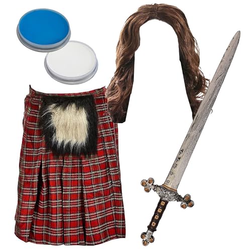 William Wallace Kostüm für Erwachsene – roter Schottenkaro Kilt, lange braune Perücke, gefälschtes Schwert, blau-weiße Gesichtsfarbe – Erwachsenenkostüm Schottische Burns Night von I LOVE FANCY DRESS