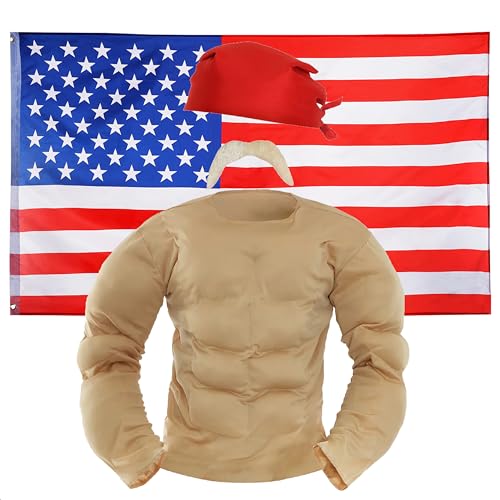 Wrestler-Kostüm für Erwachsene im 1980er-Jahre-Stil und USA-Flagge, Größe XL, rotes Bandana, Muskel-Brust-Top, blonder Schnurrbart und 1,5 x 0,9 m USA-Flagge, perfekt für jede Kostümveranstaltung von I LOVE FANCY DRESS