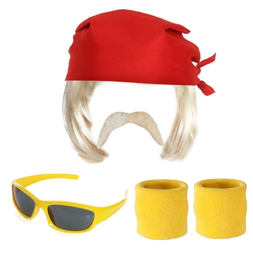 Wrestler-Zubehör-Set für Erwachsene, 1980er-Jahre, rotes Bandana, blonde Perücke, blondes Haar, gelbe Armbänder und gelbe Sonnenbrille, Kostümzubehör-Set für Erwachsene von I LOVE FANCY DRESS